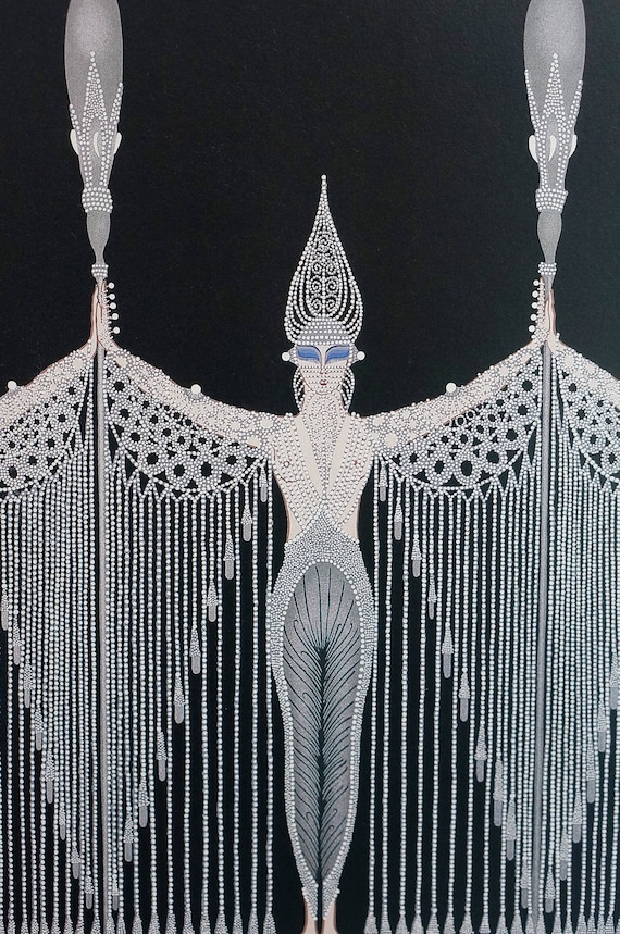 Erte Matted Print 1987 LES BIJOUX De PERLE White Pearl Dress