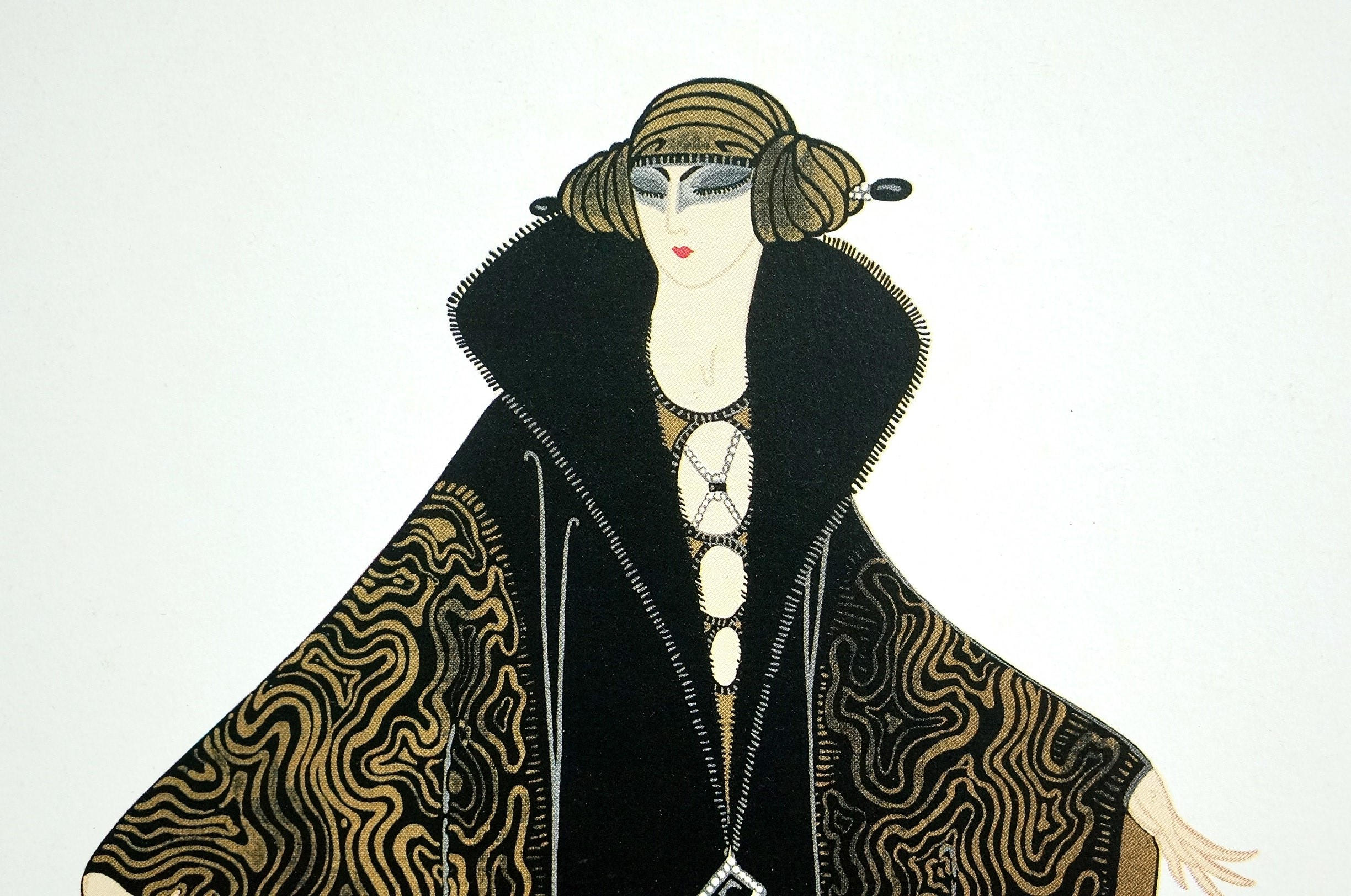 Erte Matted Print 1982 GOLDEN CLOAK Lady in Brown Moire Opera Coat