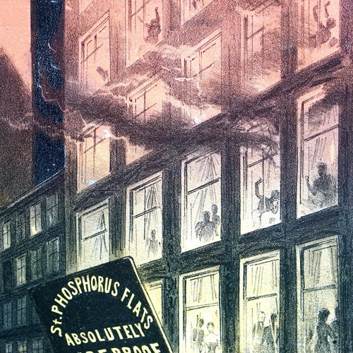 Fire Death Trap 1884 FIREPROOF ELEVATOR BUILDING Skyscraper Transparent Lie Firemen Flames Professionally Matted Puck Print shops Ready to Frame