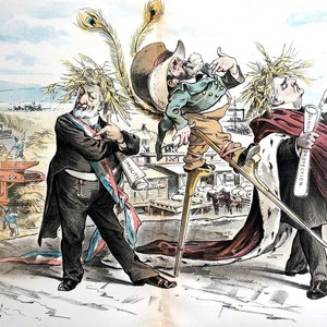 May include: A political cartoon depicting three men representing different economic interests. The man on the left, wearing a sash with the word "Prosperity" on it, points to a field of wheat with a combine harvester. The man in the middle, wearing a hat and standing on stilts, points to a city with factories. The man on the right, wearing a crown and robe, holds a scroll with the words "National Protection" on it. The cartoon is a commentary on the debate between free trade and protectionism.