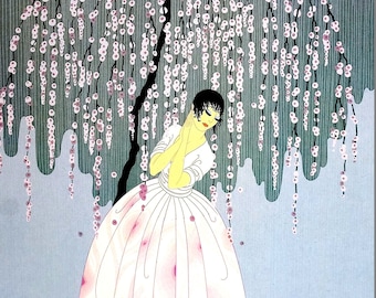 Erte 1982 - CHERRY BLOSSOM TREE Umbrella Blossom Beautiful Girl Under Pink Tree Professionally Matted Art Deco Fashion Print Ready to Frame