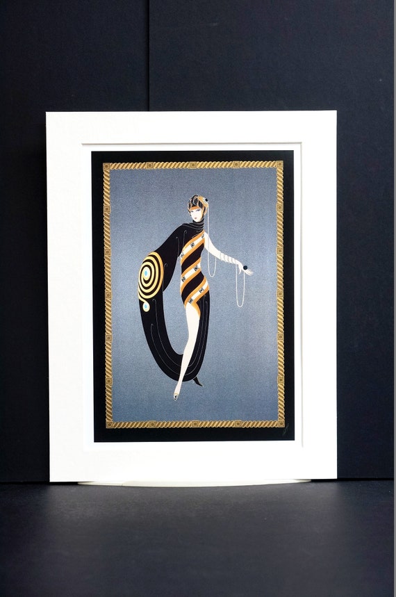 ERTE アートプレート 女性イラスト Erte Matted Print 1991 Lady JEWELED Dress W FEDORA FAN