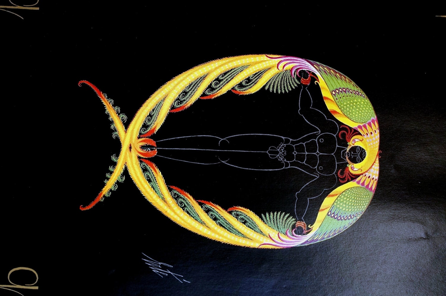Erte 1972 - Alphabet Series - Q - EXOTIC GREEN PARROT Bird Man