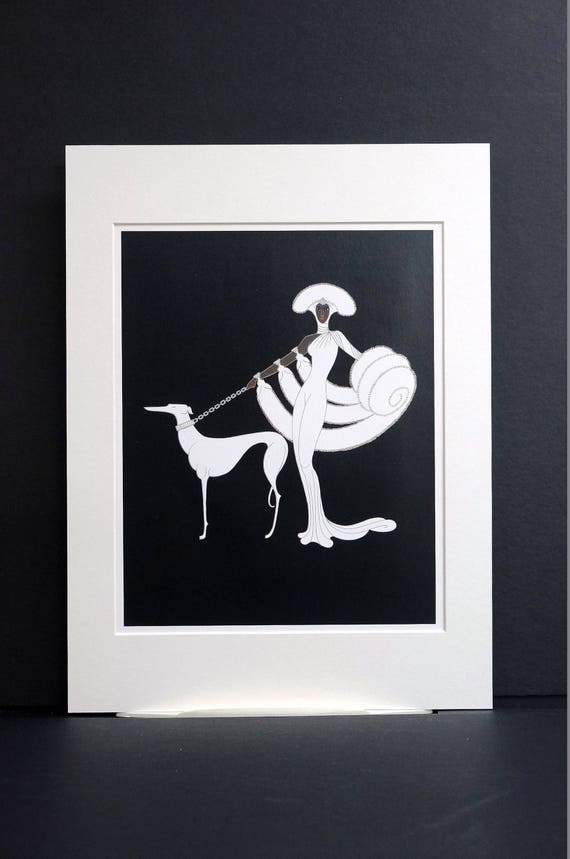 Erte Print 1987 EBONY and WHITE - Brown Skinned Woman in White Fox