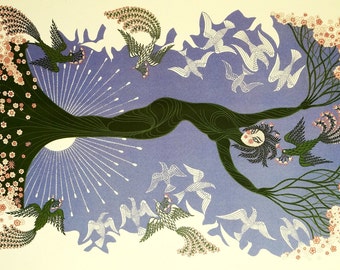 Erte Matted Print 1982 - SEASONS SPRING Birds FLOWER Garden Sunrise Plant Lady w Roots  -  Art Deco 11x14 Illustration Ready to Frame