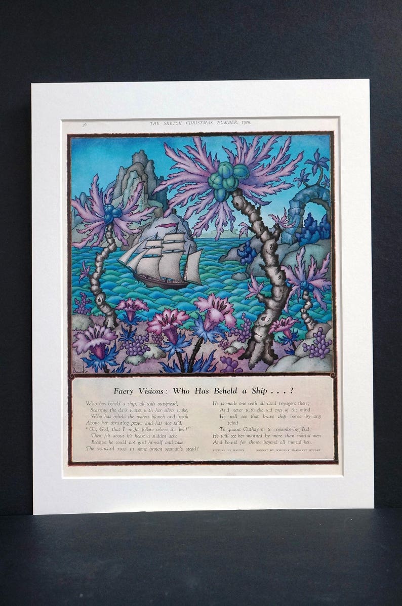 Who Has Beheld a Ship Dorothy Margaret Stuart Poem Professionally Matted Wall Art Deco Print Ready to Frame Baudin FAERY VISIONS 1929