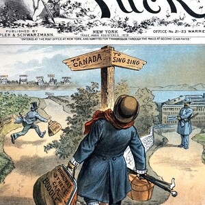 May include: A political cartoon showing a man with a suitcase labelled "Broadway Street Car Boodle" standing at a crossroads. One path leads to "To Canada" and the other to "To Sing Sing".