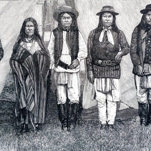 May include: A black and white engraving of seven Native American people standing in front of a tent. The people are wearing traditional clothing and hats.