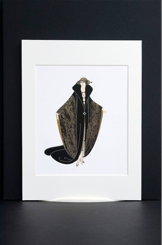 Erte Matted Print 1982 GOLDEN CLOAK Lady in Brown Moire Opera Coat