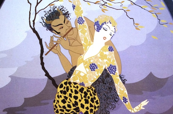 Erte 1982 Woman SAYTR Playing FLUTE Music HYPNOSIS Fife Greek Mythology  -  Professionally Matted Art Deco Fashion Print Ready to Frame