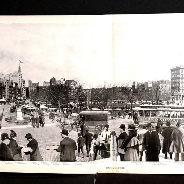 UNION SQUARE Hotel Bank Tiffany Brentano Tammany Hall Springler Decker Hartford Jackson Everett House  - Original 1899 Photogravure Print