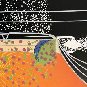 May include: A woman with a white, dotted hairdo stands behind a black curtain. She is wearing a black and white dotted dress and a blue and green skirt. The background is a bright orange with a yellow sun and pink flowers.