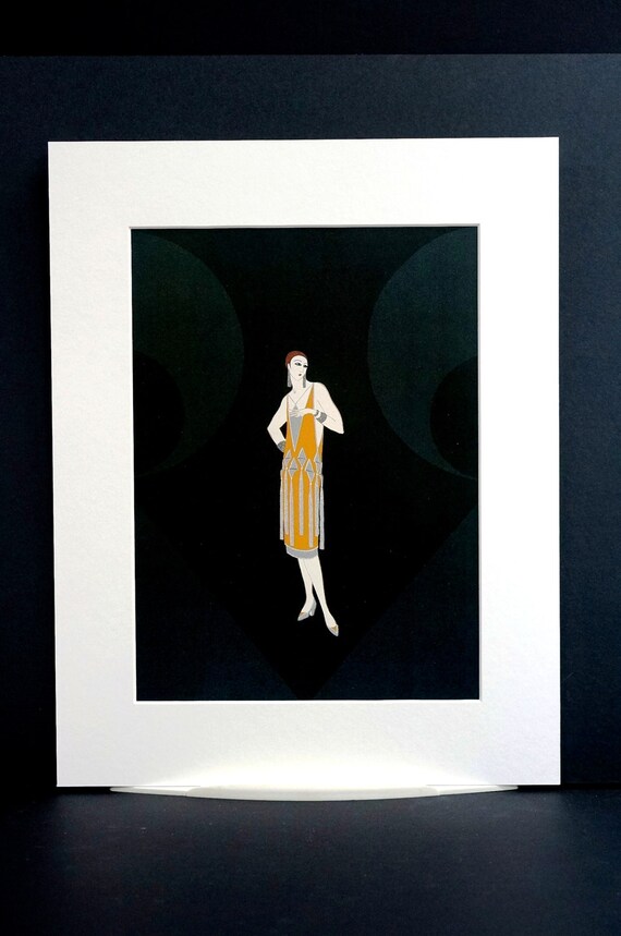 Erte Matted Print 1982 - MANHATTAN MARY Lady in ORANGE Flapper