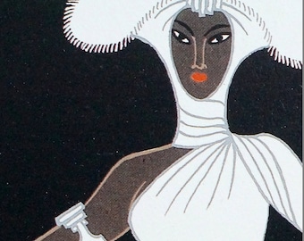 Erte Print 1987 EBONY and WHITE - Brown Skinned Woman in White Fox