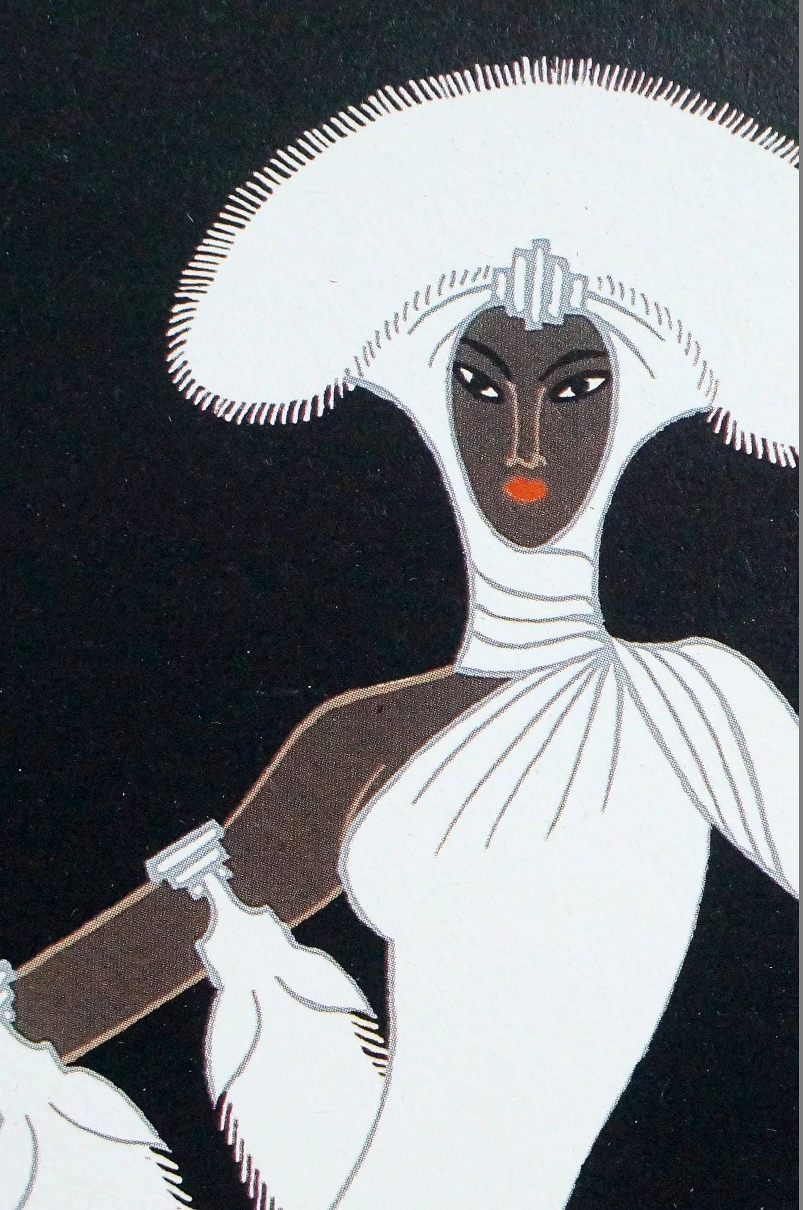 Erte 【Ebony and White】vintageitem 1980年代 Erte Print 1987 EBONY and WHITE - Brown Skinned Woman in White Fox