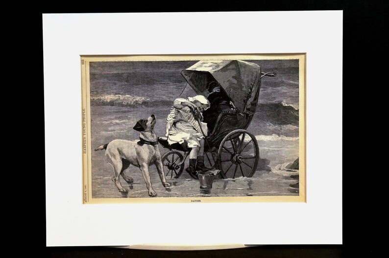 May include: Black and white illustration of a dog looking up at a carriage on a beach. A person is seated in the carriage, and another person is standing beside it. The image is framed with a white mat.