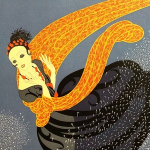 May include: A woman in a black dress with a long orange scarf with a floral pattern. The scarf is flowing behind her and she is looking down. The background is a blue sky with white dots.