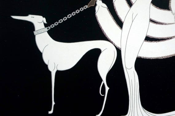 Erte Print 1987 EBONY and WHITE - Brown Skinned Woman in White Fox