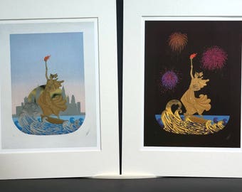 Two Erte Matted Prints 1987 STATUE of LIBERTY Night and Day Lady Liberty Vintage Wall Art Deco Fashion Illustration Print Ready to Frame