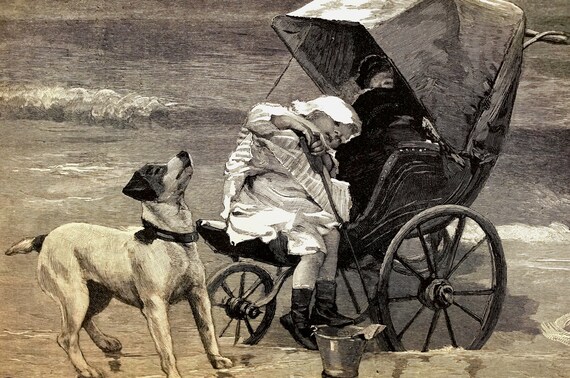 DOG SMELLS DANGER  - 1887 - Sleeping Baby in Carriage in at the Edge of Water - Dog Saves Child -  Professionally Matted Engraving Art Print