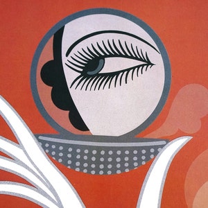 May include: Art Deco style illustration featuring a stylized eye within a circular frame, set against a red background. The eye has long eyelashes and a light blue iris. A hand with white and gray details holds a decorative element.