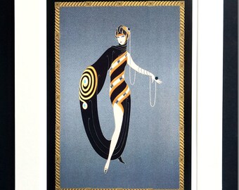 ERTE アートプレート 女性イラスト Erte Matted Print 1991 Lady JEWELED Dress W FEDORA FAN