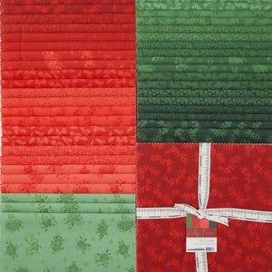 May include: A collection of folded fabric squares in shades of red and green, with floral and leaf patterns. The squares are bundled and tied with a white ribbon. The fabric is suitable for quilting and other craft projects.
