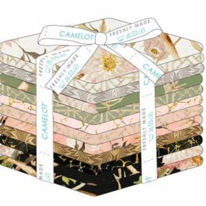 May include: A stack of ten fabric squares featuring a floral and geometric design in shades of pink, green, black, and gold. The fabric squares are tied together with a white ribbon that reads "CAMELOT" and "FRESHLY MADE".