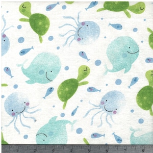 Ocean Friends on White Flannel by 1/4 YARD continuous cuts