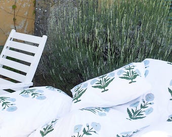 Fundas de almohada con estampado de bloques verdes y aguamarina de peonía