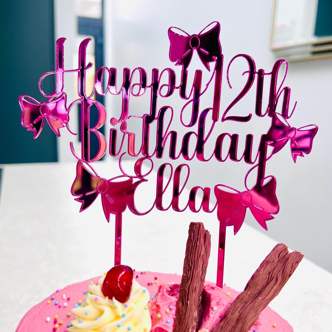 Personalised Birthday Cake Topper – Custom Name & Age – Acrylic Bow ...