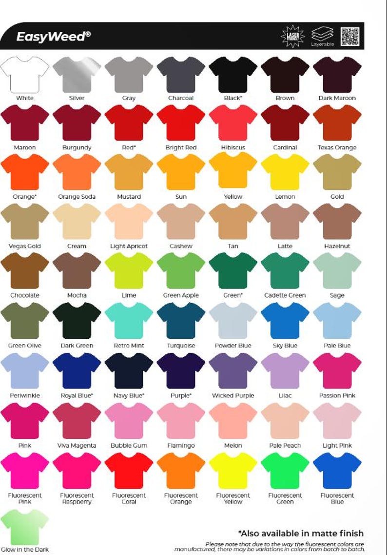 K&ouml;nnte beinhalten: Eine Farbkarte f&uuml;r EasyWeed-W&auml;rme&uuml;bertragungsfolie mit Reihen von T-Shirt-Symbolen in verschiedenen Farbt&ouml;nen wie Wei&szlig;, Grau, Schwarz, Rot, Orange, Gelb, Gr&uuml;n, Blau, Violett und Pink, inklusive Beschriftungen und einem Hinweis zu matten Oberfl&auml;chen.