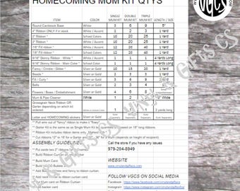 May include: A Homecoming Mum Kit Quantity Guide with a list of items and their corresponding quantities needed for single, double, and triple mums. The guide includes colors, lengths, and sizes for each item. The guide also includes assembly guidelines and contact information for the store.