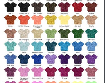 May include: A color chart titled Glitter displaying rows of t-shirt icons in various shades including white, silver, black, red, orange, gold, green, blue, purple, pink, and neon colors. Each icon is labeled with its specific color name.