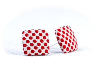 Stud earrings white red corner dots dotted fabric ear stud fabric earring fabric button ear plug button earring dots 15 mm 15 mm
