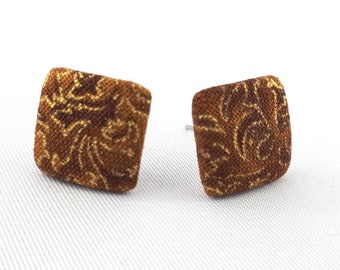 Stud earrings brown gold frills square fabric ear plugs fabric earring fabric button ear plug sear ring 15 mm 15 mm ornament