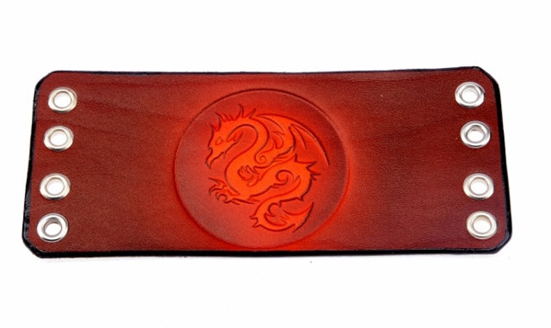 Red Brown Dragon Wrist Cuff Dragon Cuff One Size Laced Leather By Leather Meister. Handmade Leather Wrist Cuff Unisex Leather Arm Band
