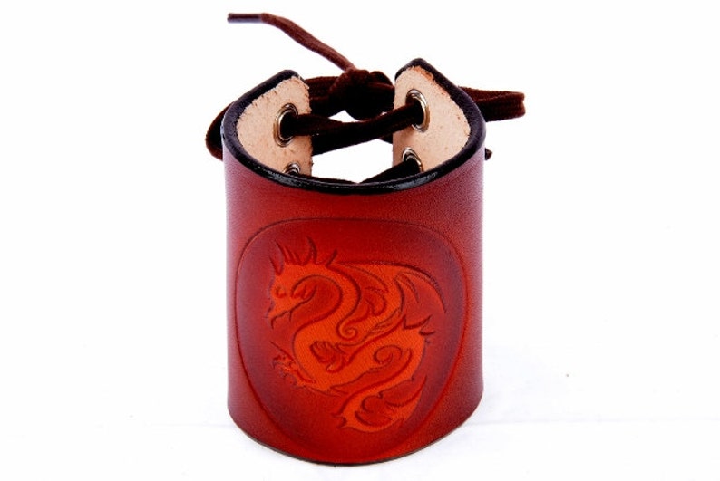 Red Brown Dragon Wrist Cuff Dragon Cuff One Size Laced Leather By Leather Meister. Handmade Leather Wrist Cuff Unisex Leather Arm Band