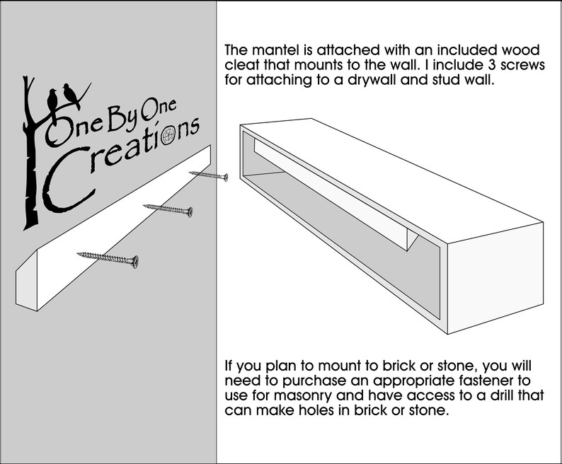 Puede incluir: Una ilustraci&oacute;n de l&iacute;nea que muestra c&oacute;mo sujetar un manto de madera a una pared. El manto se sujeta con una list&oacute;n de madera y tres tornillos. El texto dice "One By One Creations". La ilustraci&oacute;n tambi&eacute;n muestra c&oacute;mo sujetar el manto a ladrillo o piedra usando un sujetador y un taladro.