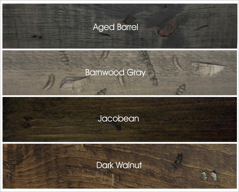 Puede incluir: Cuatro muestras de madera te&ntilde;idas en diferentes colores: Barril Envejecido, Gris Madera de Granero, Jacobean y Nogal Oscuro.