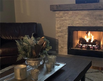 Repisa de chimenea rústica de madera envejecida: viga hueca, gris madera de granero