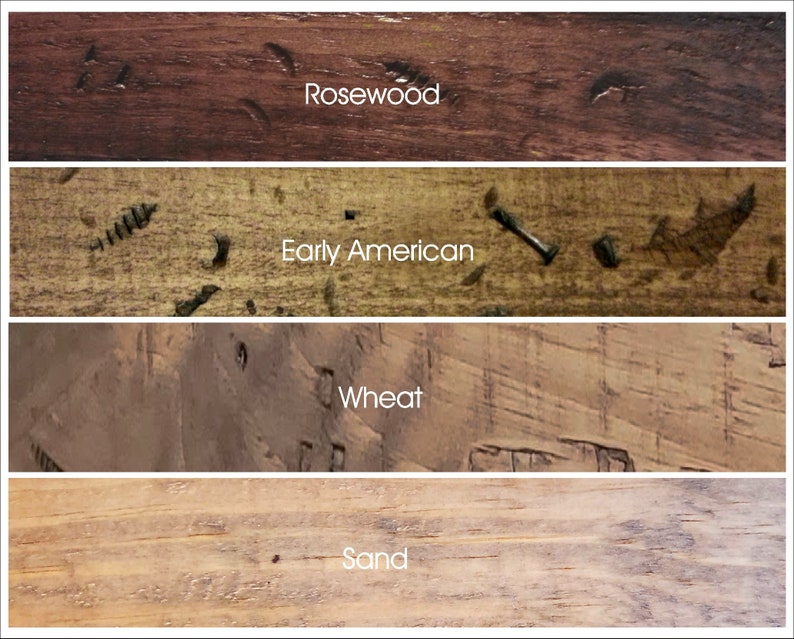 Puede incluir: Cuatro muestras de tinte para madera, etiquetadas como "Rosewood", "Early American", "Wheat" y "Sand".