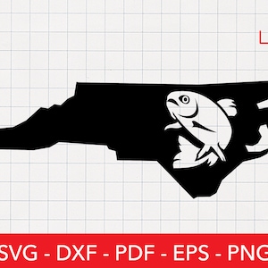 May include: Black and white silhouette of the state of North Carolina with a white trout jumping out of the water.