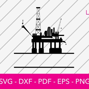 Könnte beinhalten: Schwarze Silhouette einer Offshore-Ölplattform mit einem hohen Turm und mehreren Plattformen. Die Plattform befindet sich auf einem weißen Hintergrund mit diagonalen Linien.
