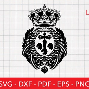May include: Black and white vector illustration of a heraldic crest featuring a crown, a cross, and two lions. The crest is surrounded by a wreath of leaves.