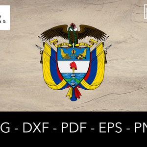 Puede incluir: El escudo de armas colombiano, con un escudo central con un cóndor, banderas y un gorro frigio. El escudo es de los colores de la bandera colombiana: amarillo, azul y rojo. El texto "LIBERTAD Y ORDEN" es visible. Debajo del escudo de armas está el texto "SVG - DXF - PDF - EPS - PNG".