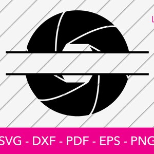 May include: Black and white silhouette of a camera lens split in half with a blank space for text in the middle.  The image is suitable for use as a monogram or for adding a personalized message.