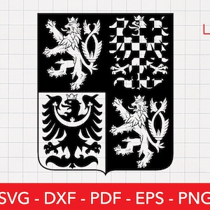 May include: Black and white vector graphic of a coat of arms featuring four quadrants. The top left quadrant features a lion with a crown. The top right quadrant features a checkered pattern. The bottom left quadrant features a black eagle with a crown. The bottom right quadrant features a lion with a crown.