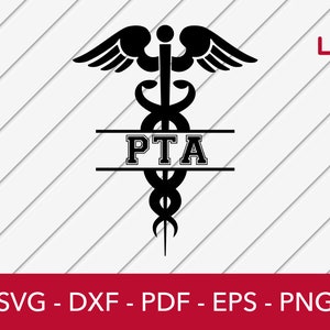Könnte beinhalten: Schwarz-weiße Silhouette des medizinischen Caduceus-Symbols mit den Buchstaben "PTA" in einem Banner über der Schlange.