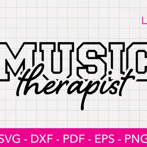 Könnte beinhalten: Schwarzweißes Grafikdesign mit dem Text "MUSIC therapist" in einer fetten, blockartigen Schrift.